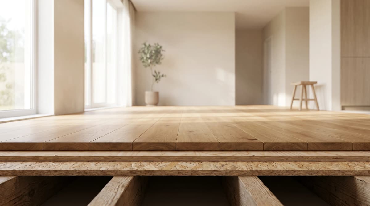 Cross-section of a residential floor showing hardwood over subfloor and joists